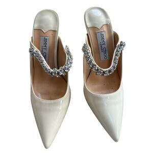 Jimmy Choo Bing 100 Linen Ivory Patent Crystal Mules Size 38